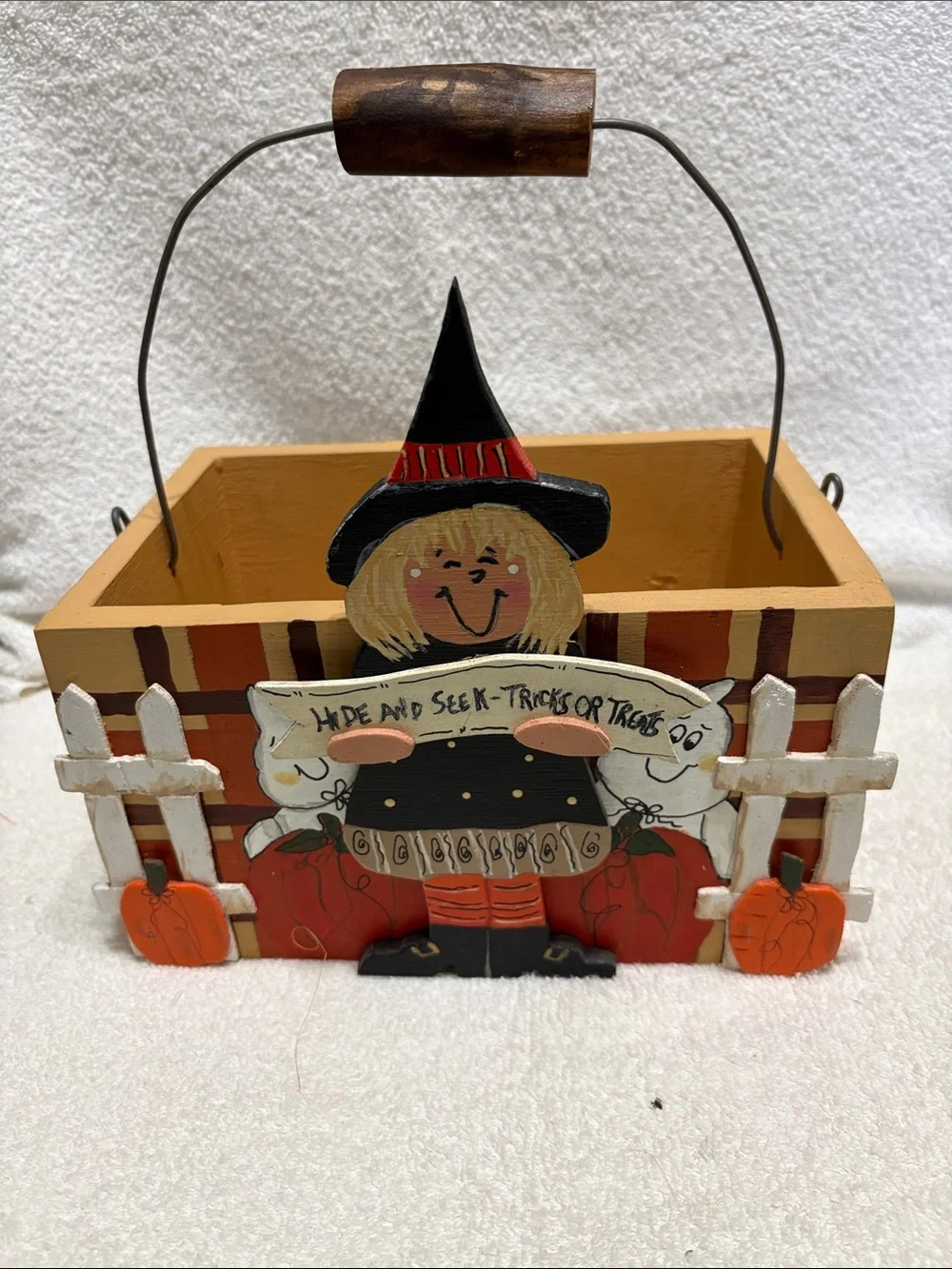 Halloween Witch Wooden Tote - handmade Orange and Black Home Accent
